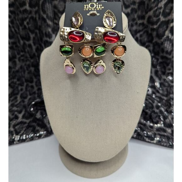 nOir Gemstone Earrings Vibrant Colors On Gold Tone Dangles - Picture 3 of 6